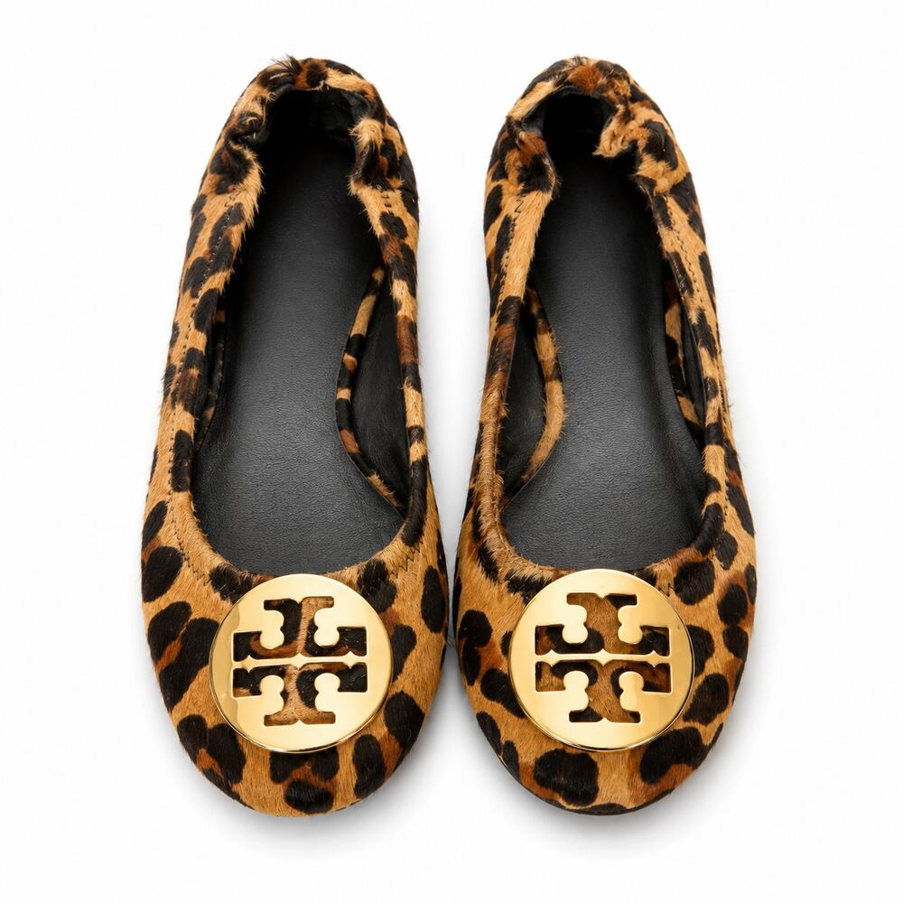 100% Genuine Leather and Calf Hair Tory Burch Reva Leopard Ballet Flats Size 7